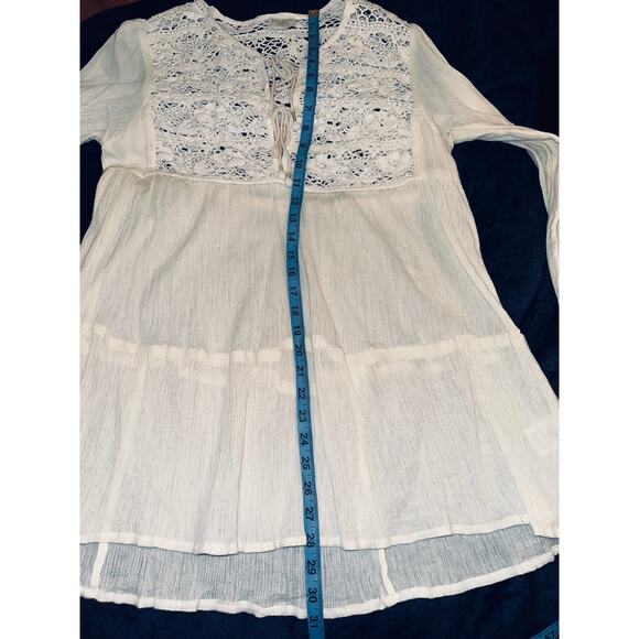 NEW BLUE HIPPY COTTON GAUZE LACE INSET TUNIC TOP M/L COTTAGECORE BOHO - Picture 7 of 8